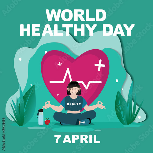 Vector greeting card template with people leading an active healthy lifestyle. Concept for World Health Day and other uses. Yoga people design elements are good for health
