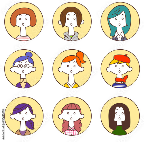 円形で囲まれた9人の若い女性の驚きの表情のアイコン1
