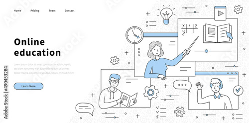 Online education banner with teacher and students on computer screens. Vector landing page of digital distant school or university training, e-learning with sketch illustration