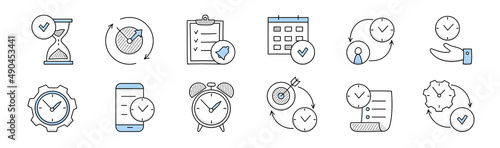 Time management doodle icons with clock, gear and calendar. Vector hand drawn symbols of work organization with watch, alarm, hourglass, phone, checklist and target isolated on white background