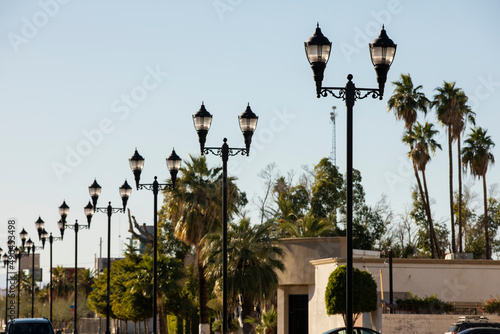 Street light view of historic downtown Mexicali, Baja California, Mexico.