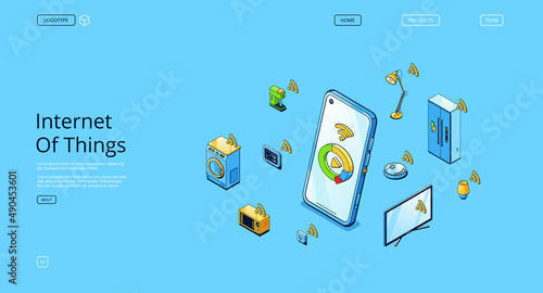 Internet of things isometric landing page. Iot technology, smart home concept. House control system with interconnected supplies phone, lamp, tv, fridge, coffee machine, 3d Vector line art web banner