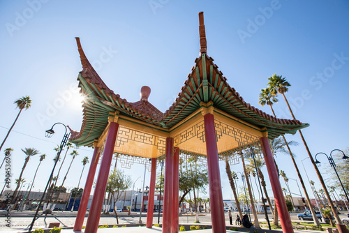 Daytime view of Chinese style architecture in downtown Mexicali, Baja California, Mexico.