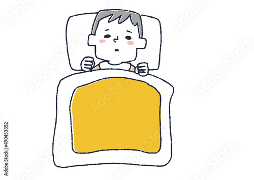 布団で寝ている赤ちゃん　コミカルな手書きの人物　ベクター、線画にシンプルな色つけ　