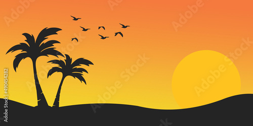 Vector beach sunset background. Summer vacation backdrop for design. Tropical sunset scene for travelling design.