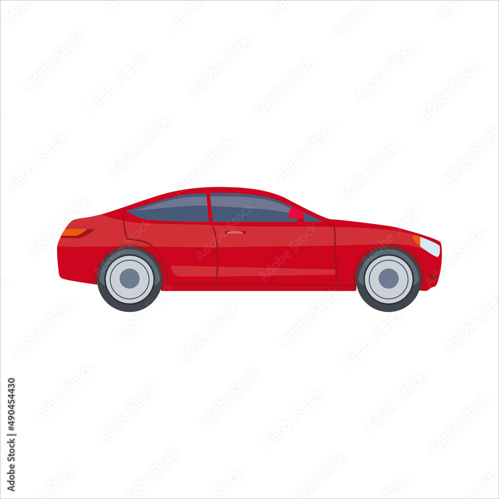 Red car sedan. Classic family car. Car in cartoon simple style. Vector illustration isolated on white background for design and web.