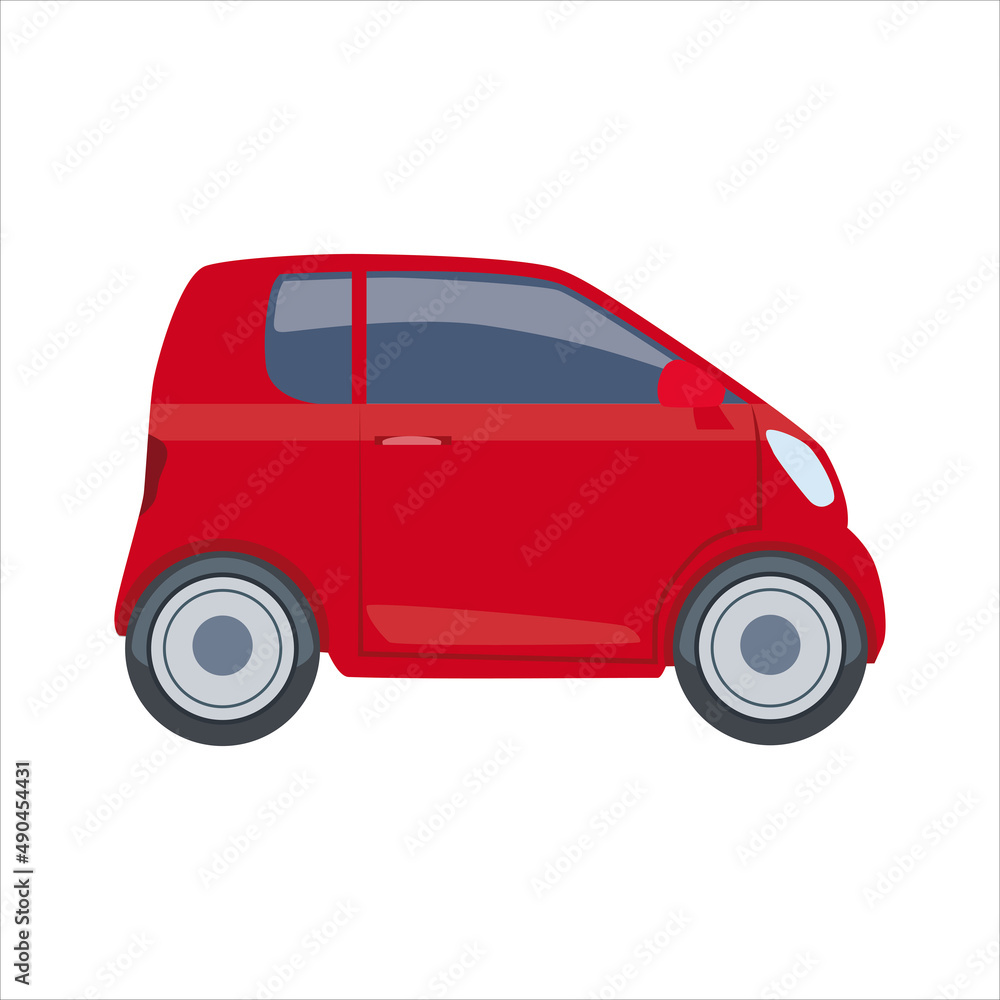 Obraz premium Mini car. Red microcar in the back of a hatchback. Car in cartoon simple style. Vector illustration isolated on white background for design and web.