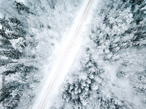 Winter snow-covered road top view . Winter landscape. Winter background. Snow-covered Christmas trees.