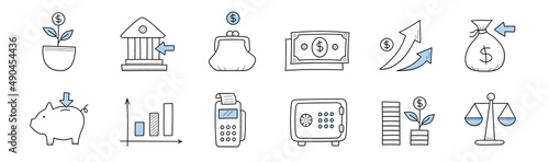 Finance, bank investment doodle icons money tree in flower pot, building, purse with dollar coin, paper currency bills, growing arrows, money sack, piggy bank, pos terminal, scales Line art vector set