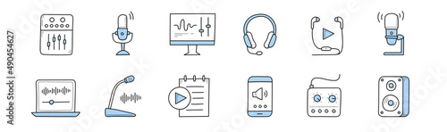 Podcast, radio broadcast and music doodle icons. Equalizer, microphone, audio computer program, headset, playlist application, laptop with sound wave, phone and dynamics, Line art vector illustration