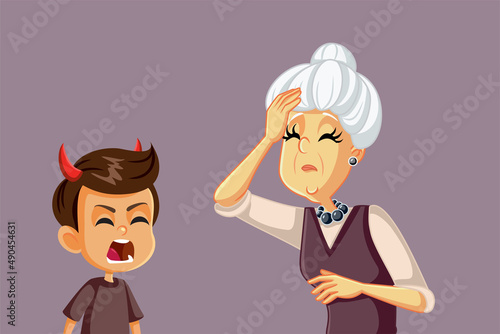 Rude Misbehaving Grandson Annoying his Grandmother Vector Cartoon