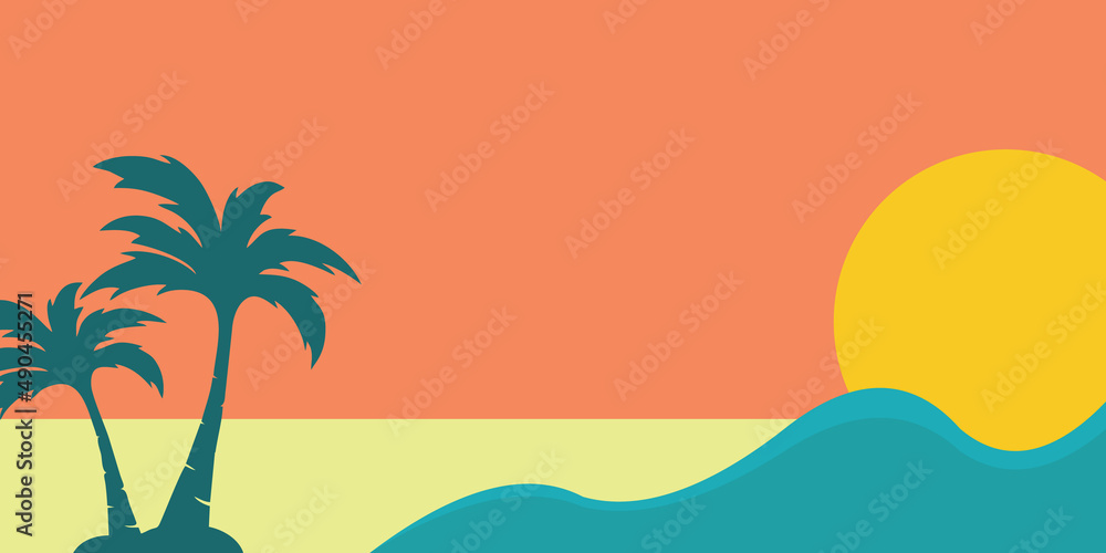 Vector background sunset beach. summer vacation backdrop for design. Tropical sunset scene for travelling design.
