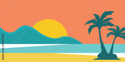 Fototapeta Naklejka Na Ścianę i Meble -  Vector background sunset beach. summer vacation backdrop for design. Tropical sunset scene for travelling design.