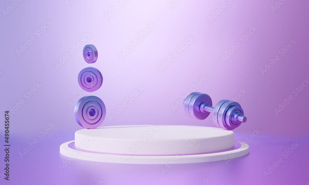 Dumbbell 3D rendering of stage podium stand on purple background. Exercise equipment gym fitness.