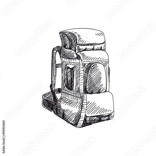 Hiking backpack retro black and white hand drawn illustration.