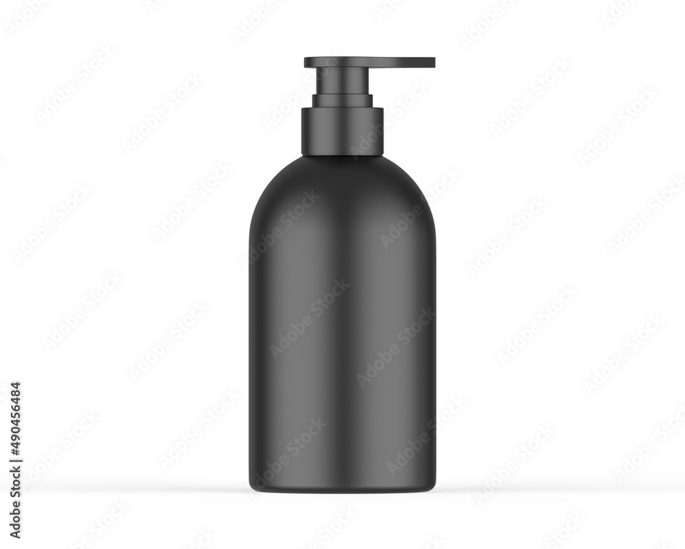 Black plastic bottle with pump dispenser for branding, Cosmetic bottle with pump mockup on isolated white background, 3d render illustration Black plastic bottle with pump dispenser for branding, Cosmetic bottle with pump mockup on isolated white background, 3d render illustration