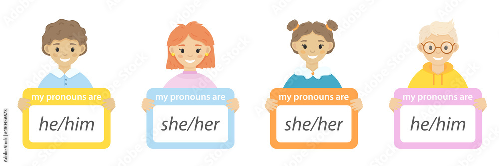 Kids holding signs with different pronouns. English subject pronouns. Set with cute smiling girls and boys on white background. Kids holding signs with different pronouns. English subject pronouns. Set with cute smiling girls and boys on white background.