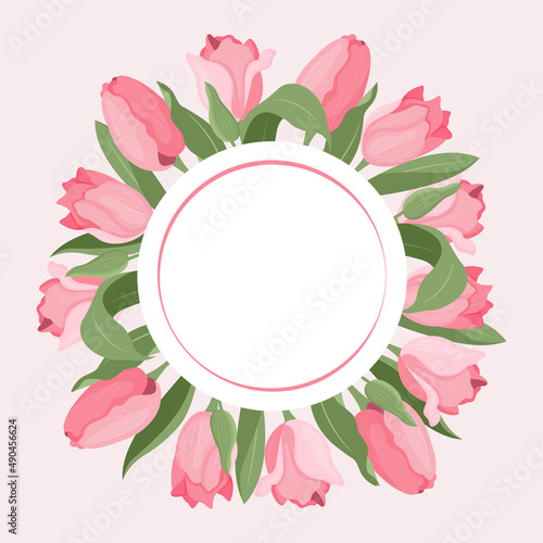 A frame of tulips and leaves. Suitable for postcards and invitations. Vector