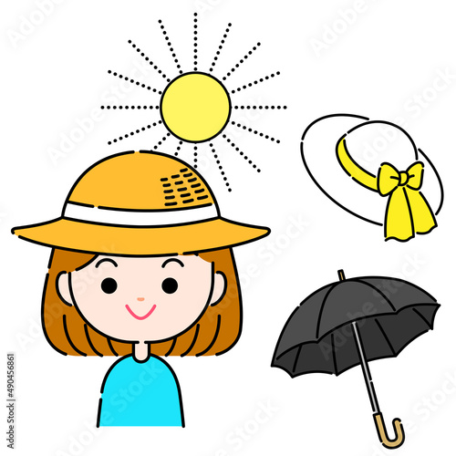 帽子で陽射しを防ぐシンプルな女性のイラスト