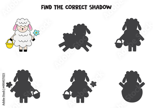 Find the correct shadows of cute Easter lamb. Logical puzzle for kids.