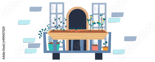 Balcony garden with seedlings vegetables in flat style light background. Flower pots with leaves and growing vegetables on balcony. Flat cartoon vector illustration. Modern interior decor set.