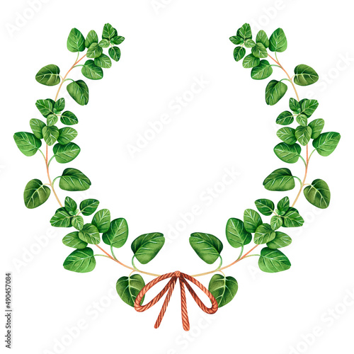Oregano wreath. Watercolor vintage illustration. Isolated on a white background. For your design.