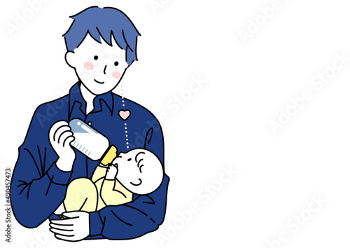 目を合わせてミルクをあげる父と赤ちゃん