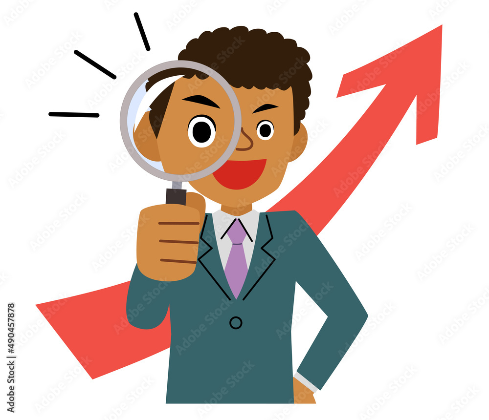 Black businessman looking through a magnifying glass and upward arrow Black businessman looking through a magnifying glass and upward arrow