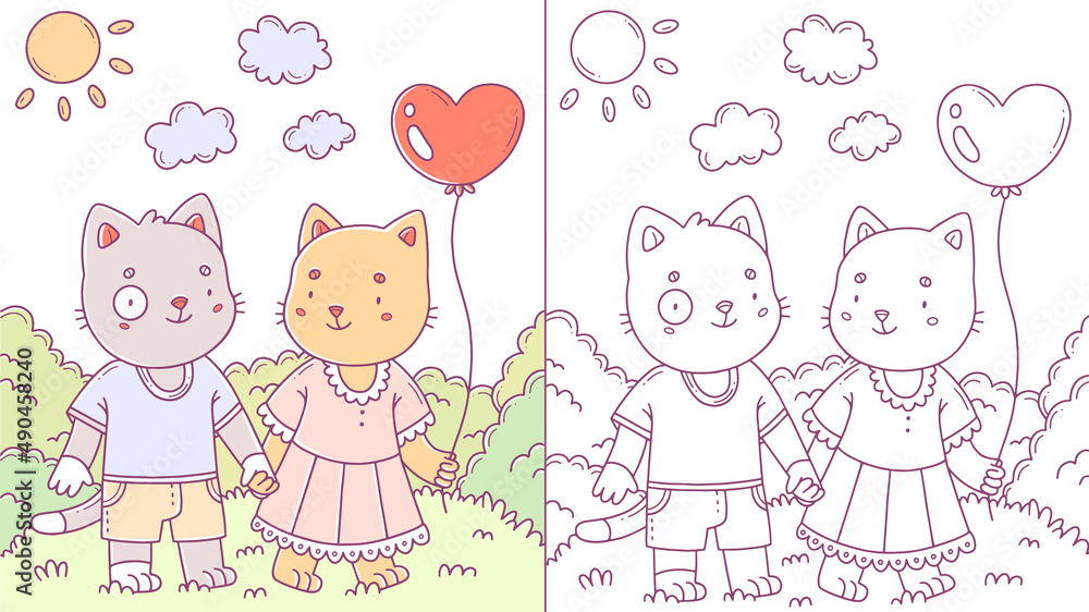 Children's cartoon coloring book with a couple of cats in love on a walk. Vector illustration. Children's cartoon coloring book with a couple of cats in love on a walk. Vector illustration.