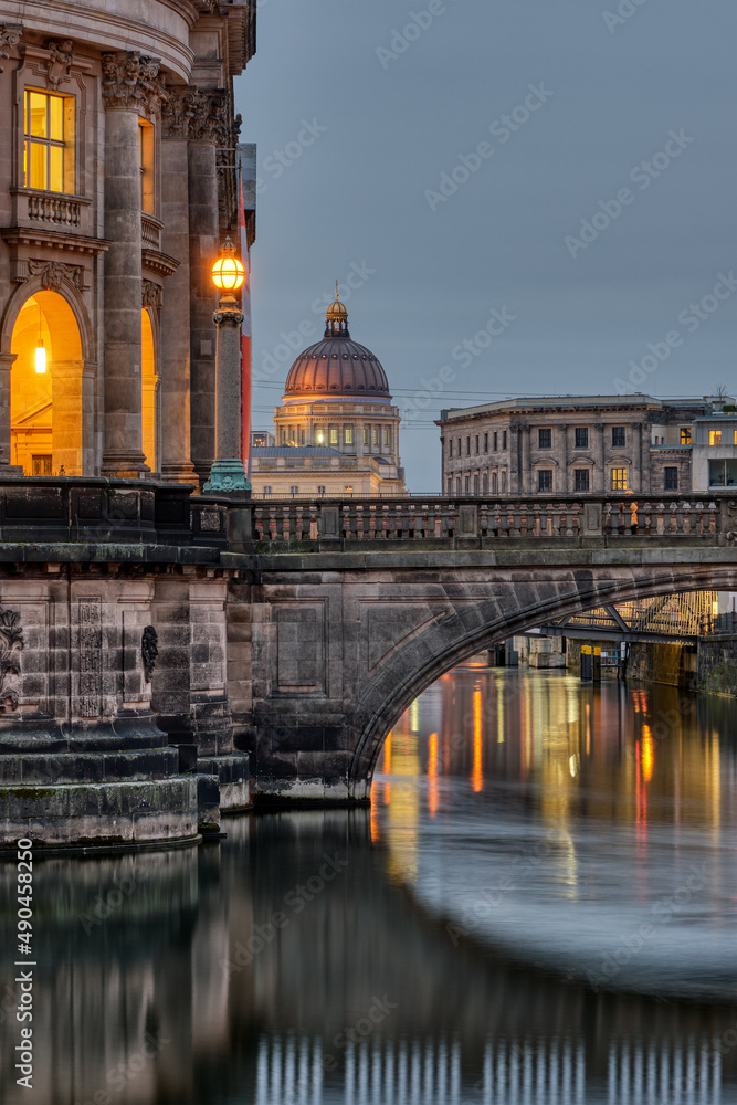 Detailed view of the Museum Island in Berlin at dawn with the reconstructed City Palace in the back