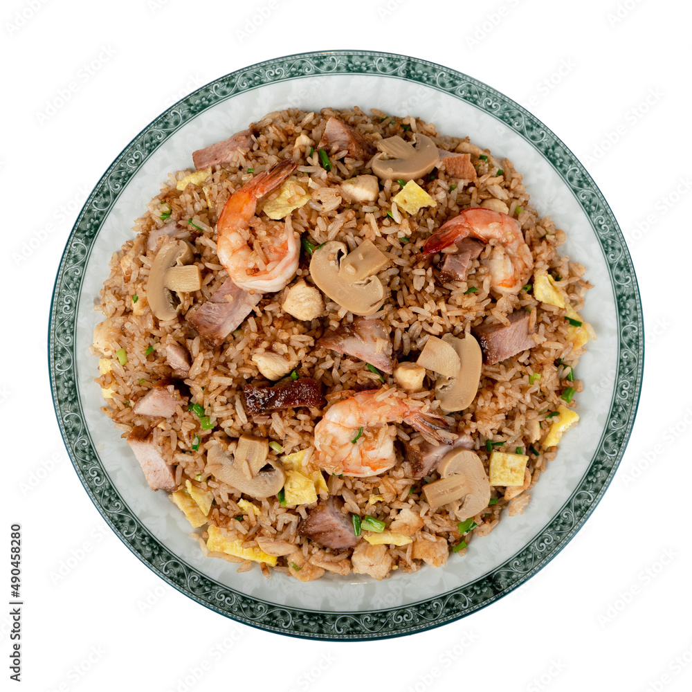 Chinese food dish on white background Chifa, Peruvian food. Chaufa fried rice with prawns, pork and chicken, vegetables. Photo above. Chinese food dish on white background Chifa, Peruvian food. Chaufa fried rice with prawns, pork and chicken, vegetables. Photo above.