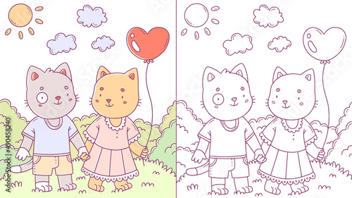 Children's cartoon coloring book with a couple of cats in love on a walk. Vector illustration.