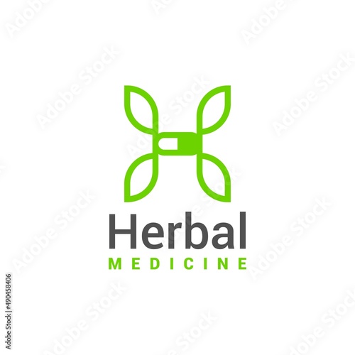 Herbal medicine logo vector concept with drug or capsule pill and letter H, for herbal and traditional medicine logo design