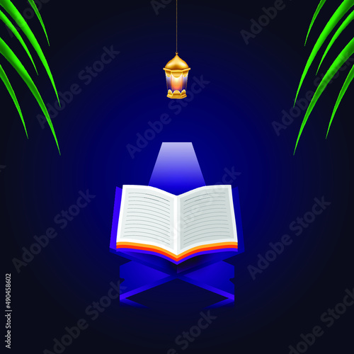 Abstract Islamic book Quran with lantern and green grass