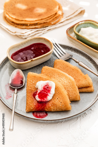 Wallpaper Mural Pancakes served on a plate with sour cream and berry jam Torontodigital.ca