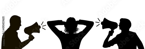 Information war. Two men speak information into loudspeakers to woman,  who has covered ears . Vector illustration