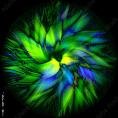An abstract illustration in a green and blue flower illusive shape