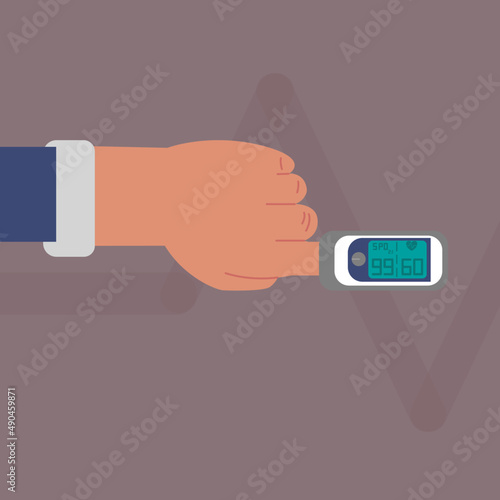 flat design Oximeter on finger. Measurement of pulse and saturation of blood with oxygen.Pulse Oximeter Medical equipment. Flat cartoon vector illustrati