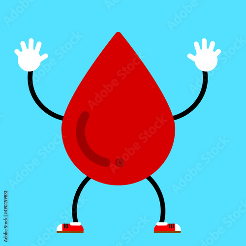 flat design character drop of blood with arms and legs,Red drop. vector image isolate background.