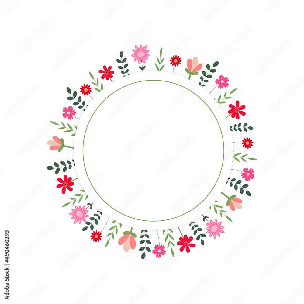 Floral spring wreath isolated on white background. Round with flowers and leaves. Template for card, banner, invitation. Flat vector illustration Floral spring wreath isolated on white background. Round with flowers and leaves. Template for card, banner, invitation. Flat vector illustration