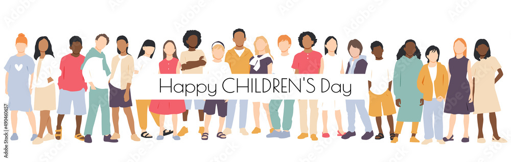 Happy Children's Day card. Children of different ethnicities stand side by side together. Flat vector illustration. Happy Children's Day card. Children of different ethnicities stand side by side together. Flat vector illustration.