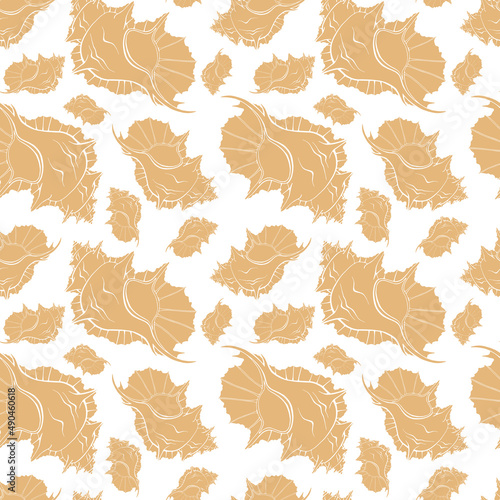 Beige flat silhouette sea shells seamless pattern for fabric, textile, apparel, cloth, interior, stationery, package. Handmade aquatic endless texture. Tropical ocean shells editable design.