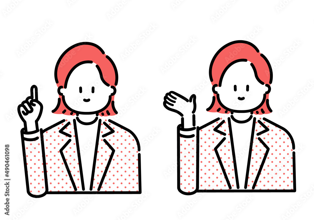 意見を提案・指し示すビジネスウーマンのイラスト素材セット(赤) Illustration material set of business woman who proposes and points to opinions (red) 意見を提案・指し示すビジネスウーマンのイラスト素材セット(赤) Illustration material set of business woman who proposes and points to opinions (red)