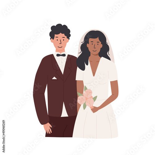 Interracial wedding. Newlywed. Love couple caucasian man and black woman. Marriage ceremony. Happy bride and groom. Biracial husband and wife. Romantic partners. Vector illustration isolated on white.