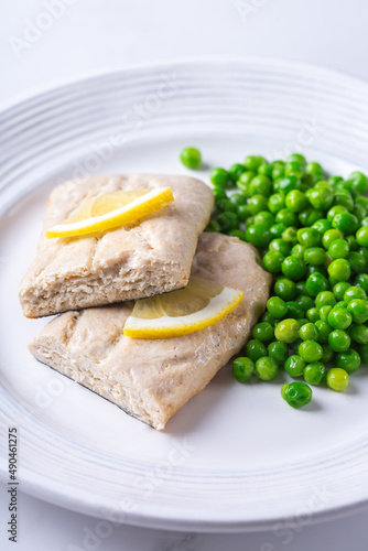 Vegan Plant based fish  fishless fillets with green peas