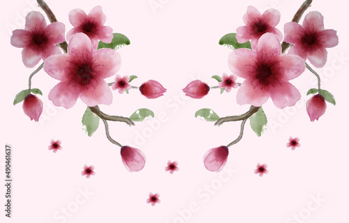 watercolor cherry blossom painting wallpaper, Japanese Cherry Blossom Art, Pink flowers illustration, Sakura Cherry Blossom Branch Line Art, floral pink background