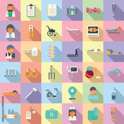 Physical therapist icons set flat vector.Woman disability
