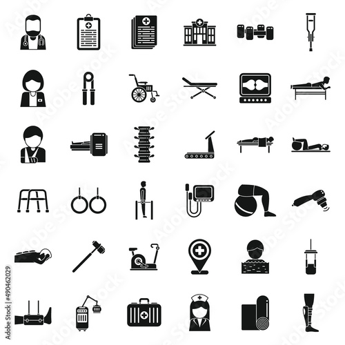Physical therapist icons set simple vector.Woman disability