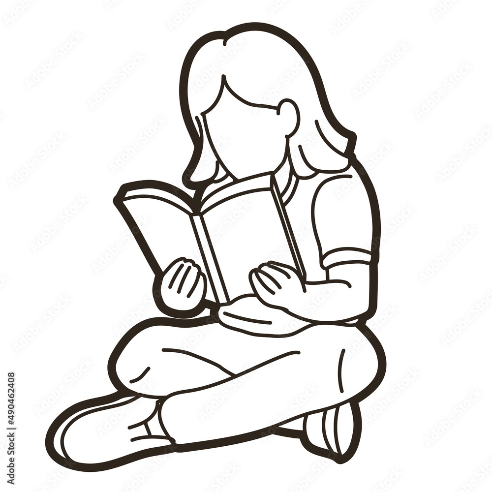 Children Study A Girl Reading A Book Cartoon Graphic Vector