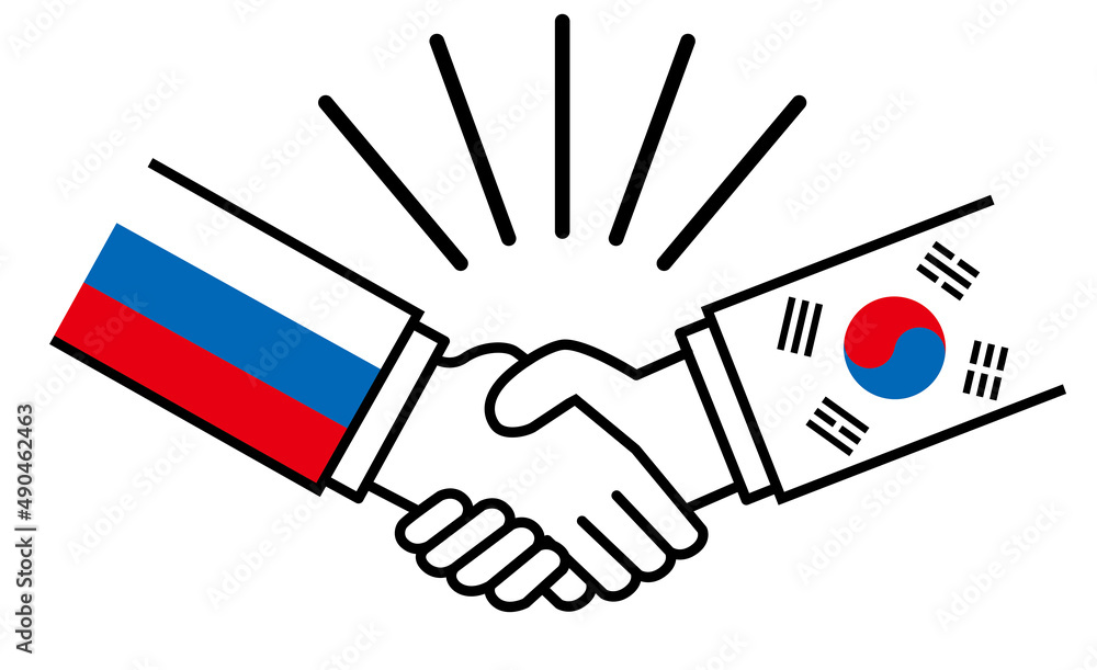 ロシアと韓国、国旗がついた手が握手　国家間の戦争紛争　同盟、和解、合意のイメージイラスト